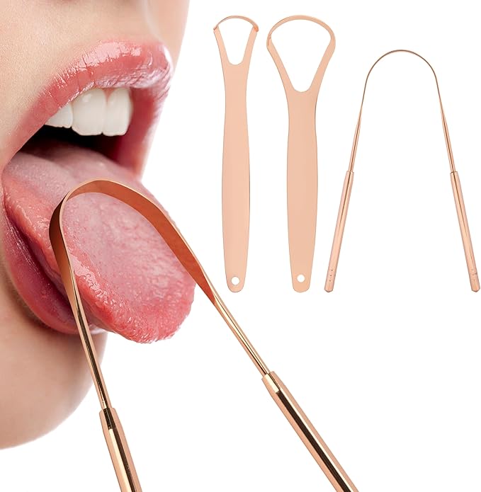 3-Pack Tongue Scraper Set for Adults (Rose Gold) with Travel Case, Reduce Bad Breath, Metal Tongue Scraper, Tongue Cleaner, Tongue Scraper, Tongue