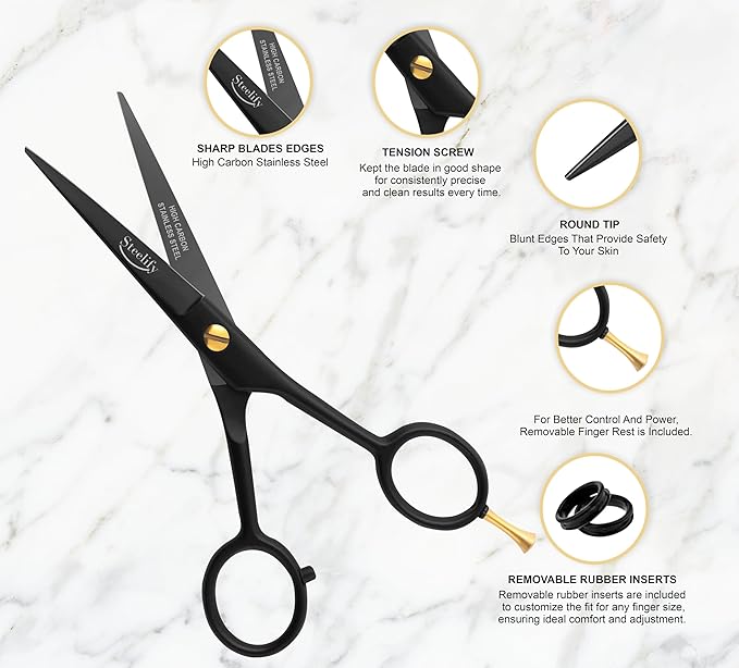 5" Beard Mustache Scissors with 1 Mustache Comb, 1 Beard Comb and Leather Pouch – Professional Beard Trimming Scissors for All Facial Hair – Grooming Scissors Men