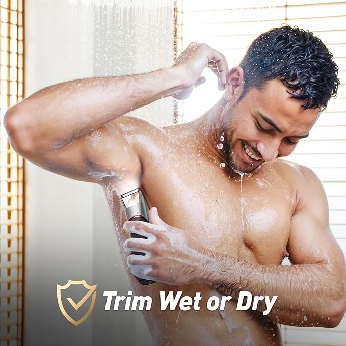 Body Hair Trimmer for Men: Pubic Hair Trimmer with Mirror & LED Light - Electric Ball Shavers with Ceramic Blades & Travel Lock - Body Groomer IPX7 Waterproof Wet or Dry Use for Groin/Legs/Chest