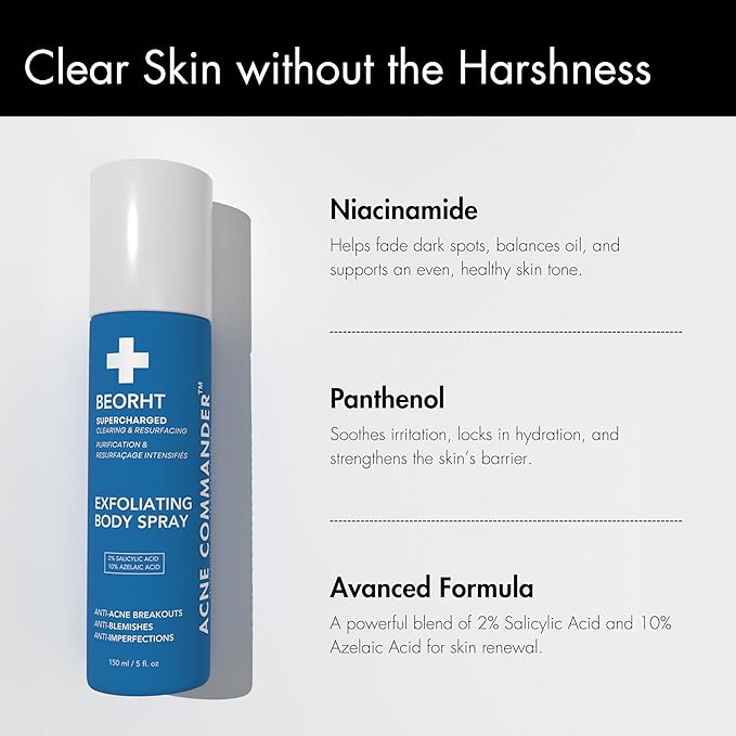 Acne Body Spray for Back & Chest – Exfoliating Body Mist for Breakouts & Blemishes – Daily Clarifying Spray for Men & Women