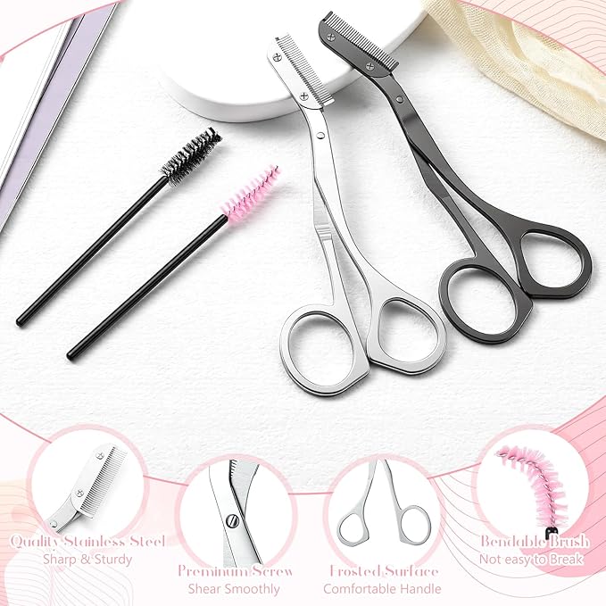 2 Pack Eyebrow Trimming Scissors with Combs, Stainless Steel Eyebrow Trimmers for Women Men Gifts, Brow Trimming Tool Beard Trimmer (Gray,Black)