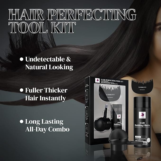 Hair Thickening Fibers & Applicator Set - Natural Long-Lasting Concealer for Fuller Hair, Thicker Beard & Crisp Hairlines (BLACK)