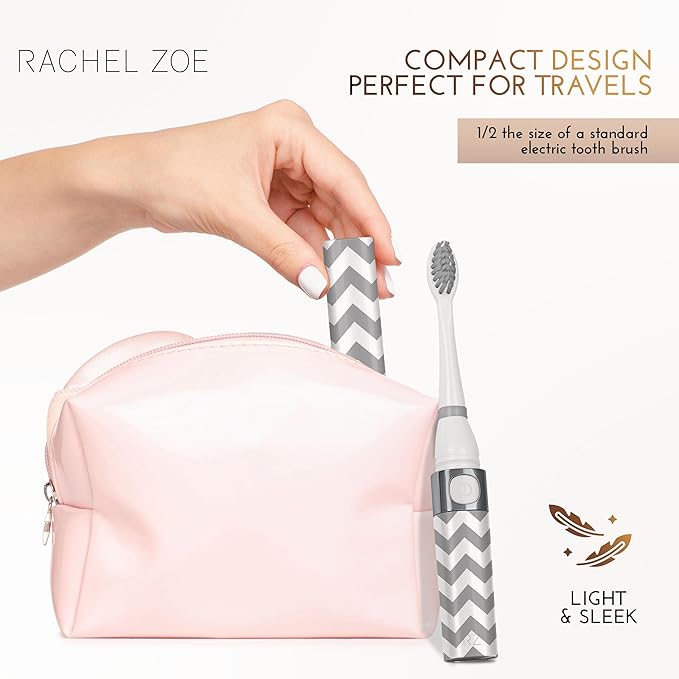 Rachel Zoe Portable Electric Toothbrush for Adults, Battery Operated Compact Sonic Tooth Brush for Trips, Waterproof Travel Toothbrush with Cover, 2 Removable Brush Heads Included, Gray and White