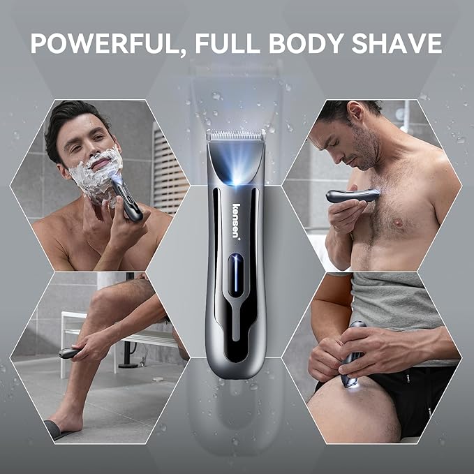 kensen Body Hair Trimmer for Men - Manscape Groin & Pubic Hair Trimmer for Men, Mens Body Shaver with LED Light Travel Case IPX7 Waterproof Wet Dry Use Rechargeable Ball Shavers (Black)