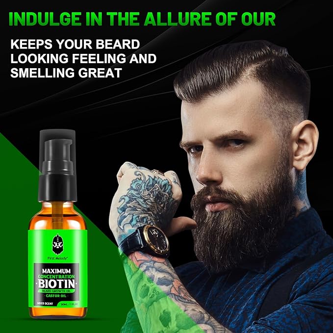 Beard Oil,Maximun Thickening Biotin, with Castor Oil and Argan & Jojoba Oils, Promotes Beard Growth, Styles, Strengthens & Softens Beards & Mustaches,1 Ounce*2（2 Pack）