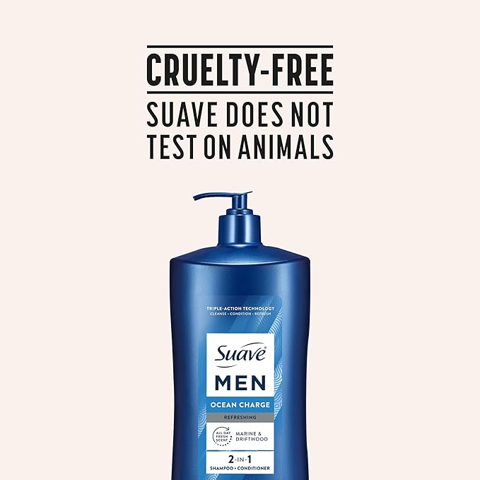 Suave Men Ocean Charge 2 in 1 Refreshing Shampoo & Conditioner with Pro Vitamin B5, Hydrates & Revitalizes Hair, Ocean Fresh Scent, 4 Count, 40 FL OZ Pump