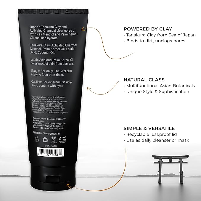 Blackwood For Men Cooling Clay Face Wash - Activated Charcoal, Menthol, & Tanakura Clay Cleanser & Mask for Deep Cleansing & Acne Treatment - Sulfate Free, Paraben Free, & Cruelty Free (7.41 oz)