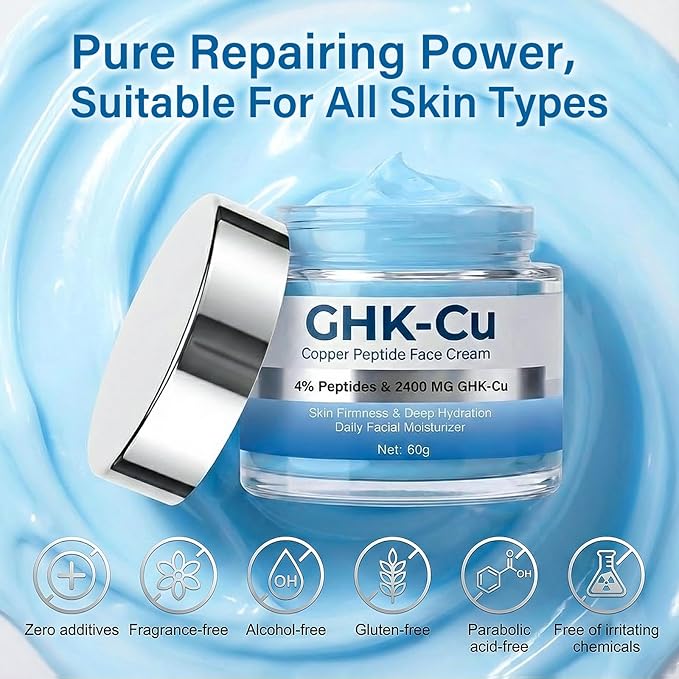 GHK-Cu Copper Peptide Cream, 2400mg Potency GHK Cu Formula, 4% Bioactive Peptides for Face & Neck, Facial Moisturizer for Firmness & Elasticity, Hydrating Lotion for Men Women, 60g