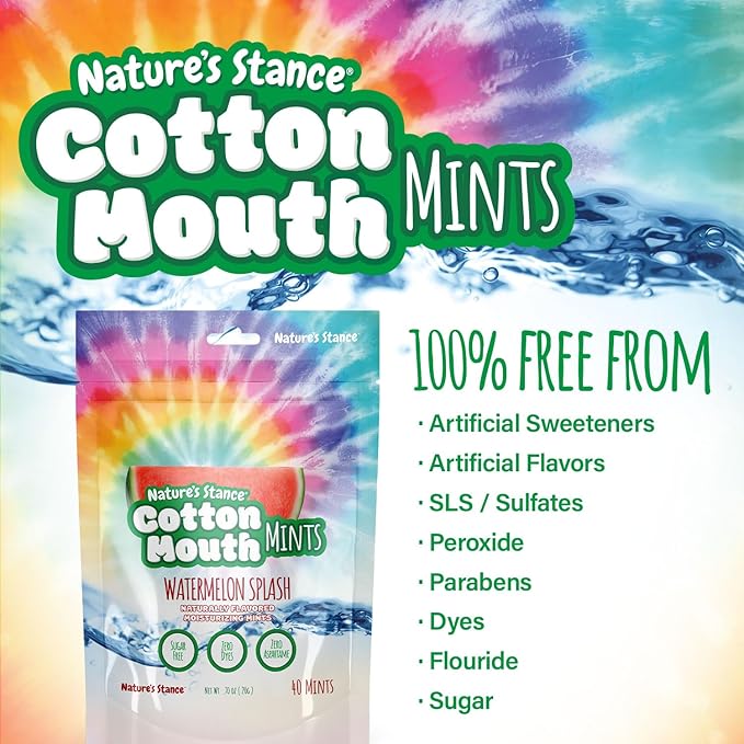 Nature’s Stance Cotton Mouth Xylitol Mints for Dry Mouth Relief - Sugar Free Mints, Stimulate Saliva & Freshen Breath, Throat, Teeth, Gums - Xylitol Lozenges, 40 Count (Watermelon)