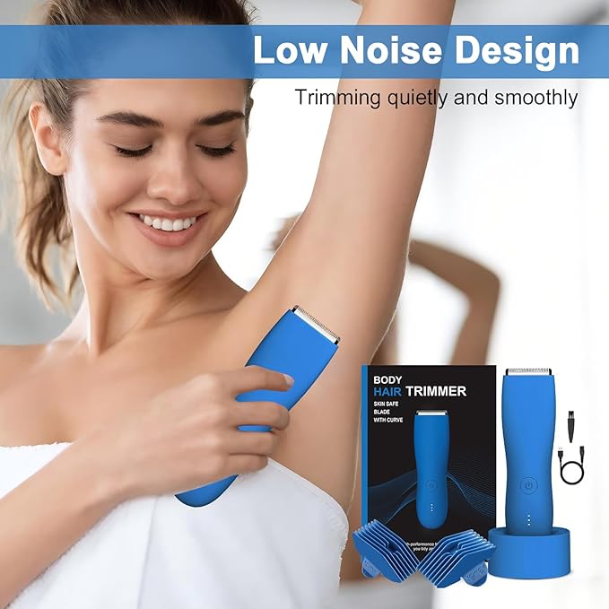 Pubic Hair Trimmer for Men and Women,Electric Shaver for Chest,Legs & Bikini,Waterproof Wet/Dry Shaver,USB Recharge Dock (Blue)