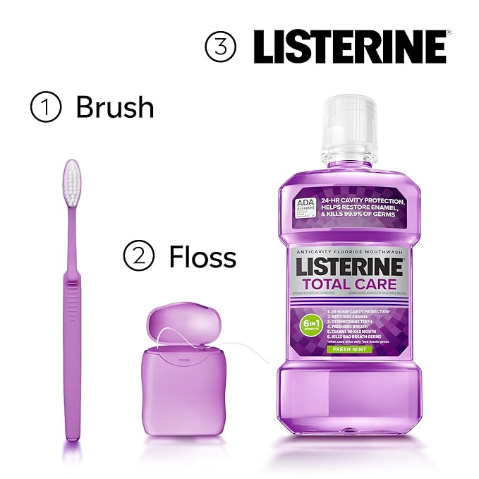 Listerine Total Care Anticavity Fluoride Mouthwash, 6 Benefits in 1 Oral Rinse Helps Kill 99.9% of Bad Breath Germs, Prevents Cavities, Strengthens Enamel, ADA-Accepted, Fresh Mint, 250 mL (Pack of 2)