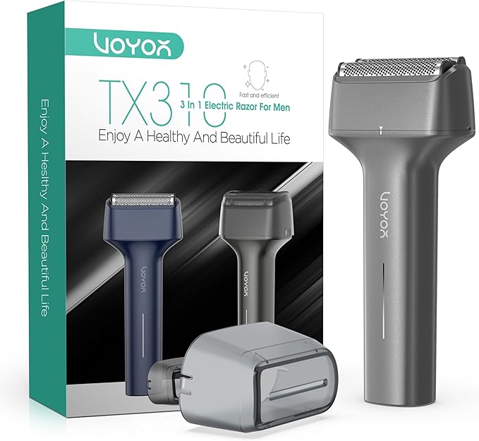VOYOR Foil Shaver Electric Razor for Men 3 in 1 Shavers for Men with Double Foil Wet & Dry Face Shaver Lightweight Handheld Smooth Shave IPX6 Washable USB-C Rechargeable Travel Razor TX310 (Gray)