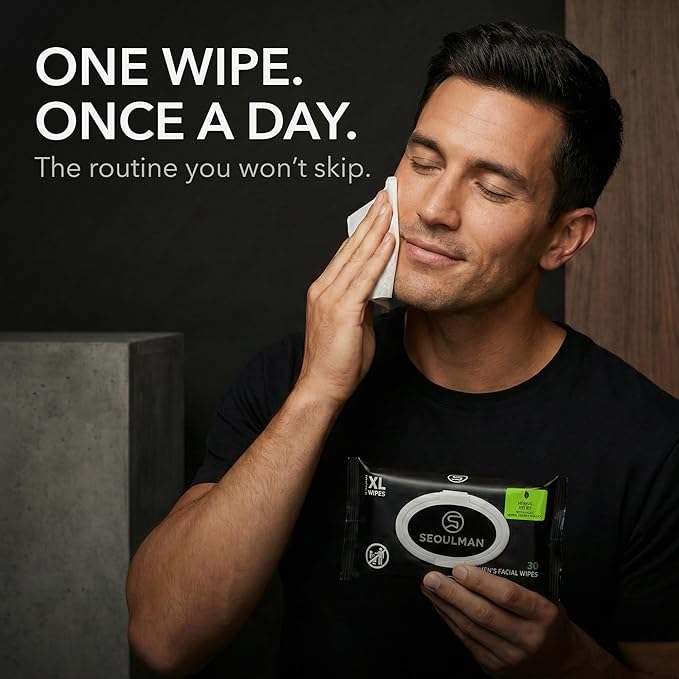 Seoulman Face Wipes for Men – All-In-One Skincare Cleansing Wipes with Niacinamide, Cica & Hyaluronic Acid – Alcohol-Free, pH Balanced – Extra Large, 30 Count