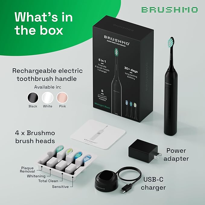 Brushmo Super Sonic Electric Toothbrush with 4 Replacement Heads - Rechargeable Electronic Tooth Brush for Adults with 5 Customizable Modes - IPX7 Waterproof & Long-Lasting Battery - Black