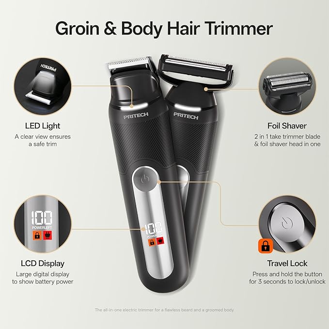 PRITECH Body Hair Trimmer for Men, Dual-Head Public Trimmer & Foil Shaver - Waterproof Electric Razor for Men Wet/Dry Groomer, USB-C Rechargeable Ball Shaver with Ceramic Blades & Travel Lock, Black