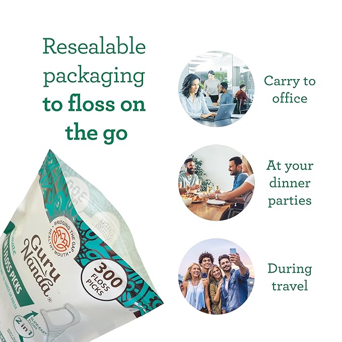 GuruNanda 2 in 1 Dental Floss Picks - Non-Slip Grip Handle, Slide Easy, No Break or Shred Flosser - Complete Oral Care with Interdental Pick for Healthy Teeth & Gums - Mint Flavor, 300 Count (2 Pack)