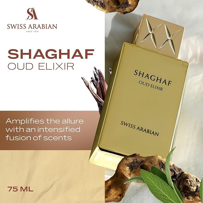 Swiss Arabian Shaghaf Oud Elixir Oud, Gourmand, Amber Fragrance - Notes of Saffron - Perfume for Women and Men - 2.5 oz EDP Spray