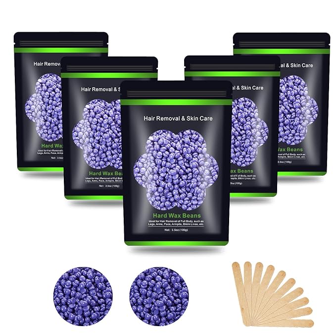 Wax Beads for Hair Removal 1.1 lb (17.6 oz), Hard Wax Beads for Sensitive Skin - Brazilian, Face, Bikini, Legs, Eyebrow, Painless Waxing Beads Kit for Women Men, 5 Packs with 10 Wax Sticks