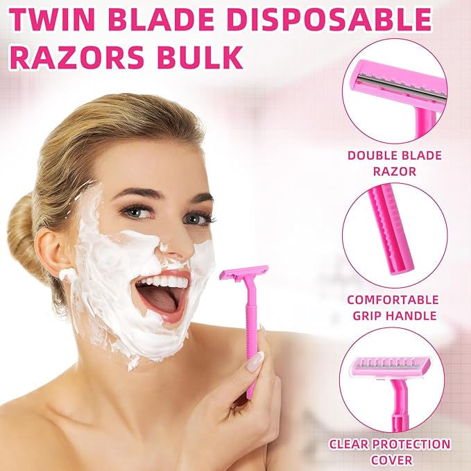 Hanaive Women's Disposable Razors Bulk Twin Blade Disposable Stainless Steel Hospitality Quality Shaver Multipurpose Portable Shave Razor Manual for Bathing Hotel Travel (Pink White,100 Pcs)