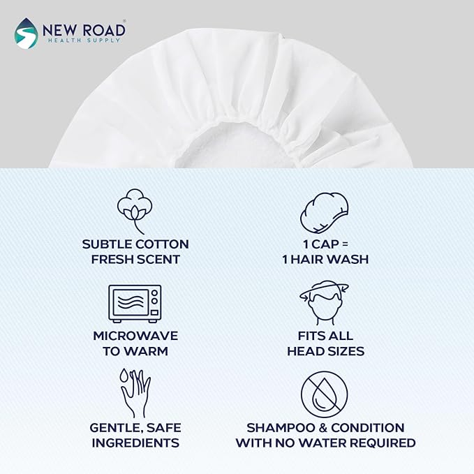 New Road Health Supply - Rinse Free Shampoo Cap, Cleans and Conditions Without Water, PH Balanced and Hypoallergenic, No Rinse Shower Cap for Adults and Elderly, 12-Pack