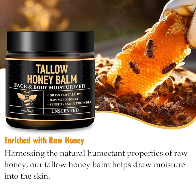 2 Packs Organic Beef Tallow for Skin, Grass Fed Tallow and Honey Balm for Face, Tallow Face Moisturizer with Raw Honey,Natural Soothing Moisturizing Cream for Dry Sensitive Skin(Unscented)