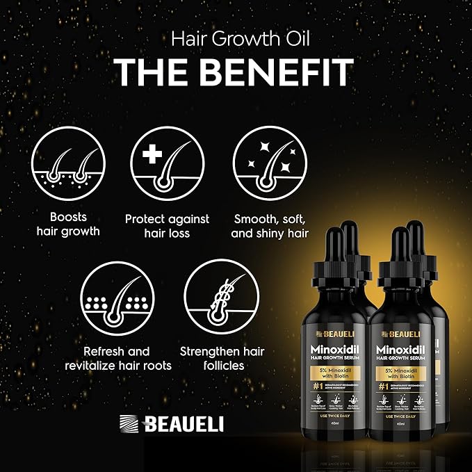 5% Minoxidil Hair Growth Serum for Men and Women: Extra Strength Minoxidil Beard Regrowth Treatment Serum with Biotin for Thinning Hair Loss to Grow Thicker Fuller 8 FL OZ (4 Bottles)