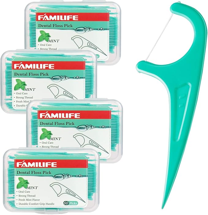 FAMILIFE Floss Picks, 240 Count Mint Dental Floss Cleaner, Tooth Picks Flossers with 4 Travel Handy Cases, Helps to Fight Tooth Decay and Keep Your Teeth Clean, Flossing Sticks for Family