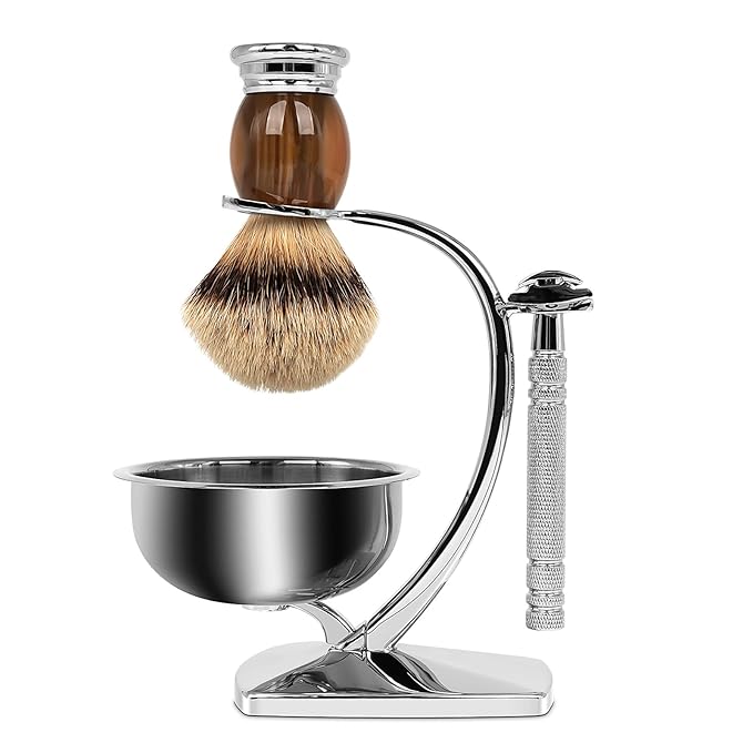 Linkidea Universal Safety Razor Brush Stand with Shaving Bowl, Men's Stainless Steel Grooming Holder and Soap Bowl for Bathroom, Compatible with Gillette Vector 3 (Silver)