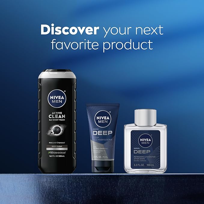 NIVEA MEN Active Clean Body Wash with Natural Charcoal for Normal to Oily Skin,3-in-1 Charcoal Body Wash,Face and Hair,Draws Out Dirt and Impurities,30 Fl Oz Bottle,(Pack of 2)