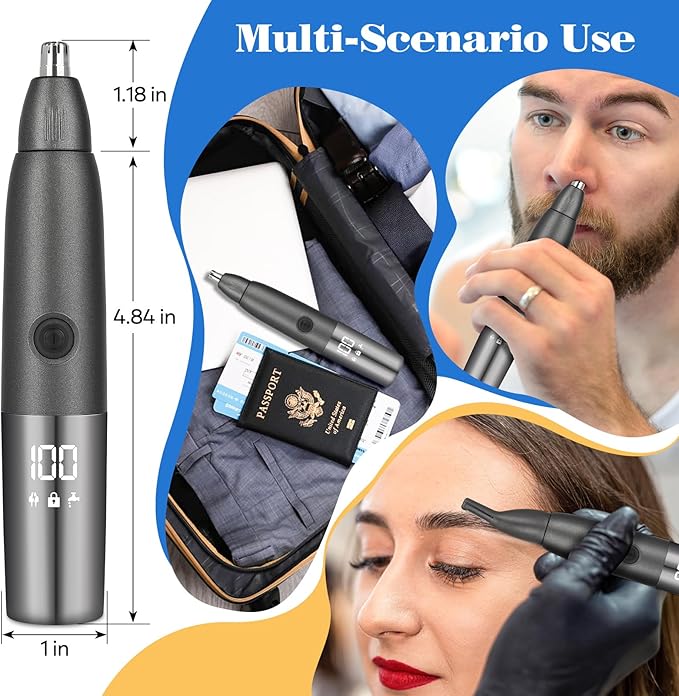Weesiber 3 in 1 Nose Hair Trimmer for Men - Rechargeable Nose Trimming Kit, Painless Eyebrow Clippers for Women, IPX7 Waterproof Facial Sideburns Trimmer with LED Power Display (Black)