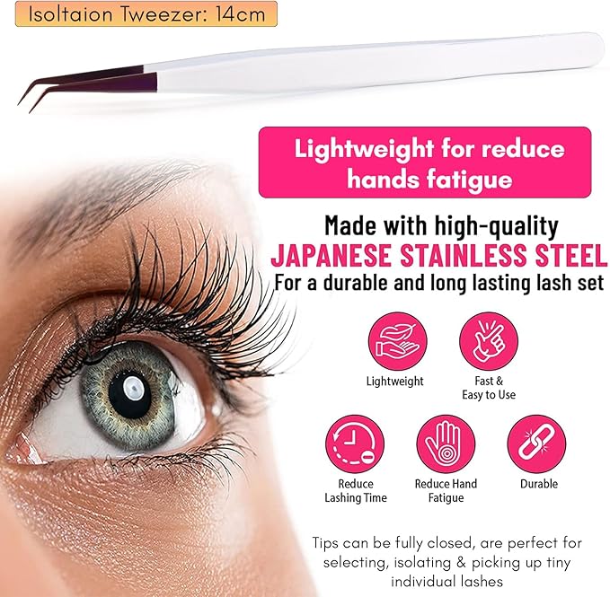Isolation Tweezers for Eyelash Extension – 14cm Curved, White & Purple, Stainless Steel, Best for Individual Isolation & Classic Lashes, Pinzas para Pestaña (Matte White Purple)