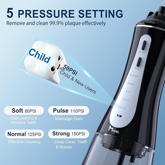 Water Dental Flosser Oral Irrigator with 5 Modes, 350ml Cordless Water Teeth Cleaner Pick 6 Tips, IPX7 Waterproof Rechargeable Portable Powerful Battery for Travel & Home Braces & Bridges Care