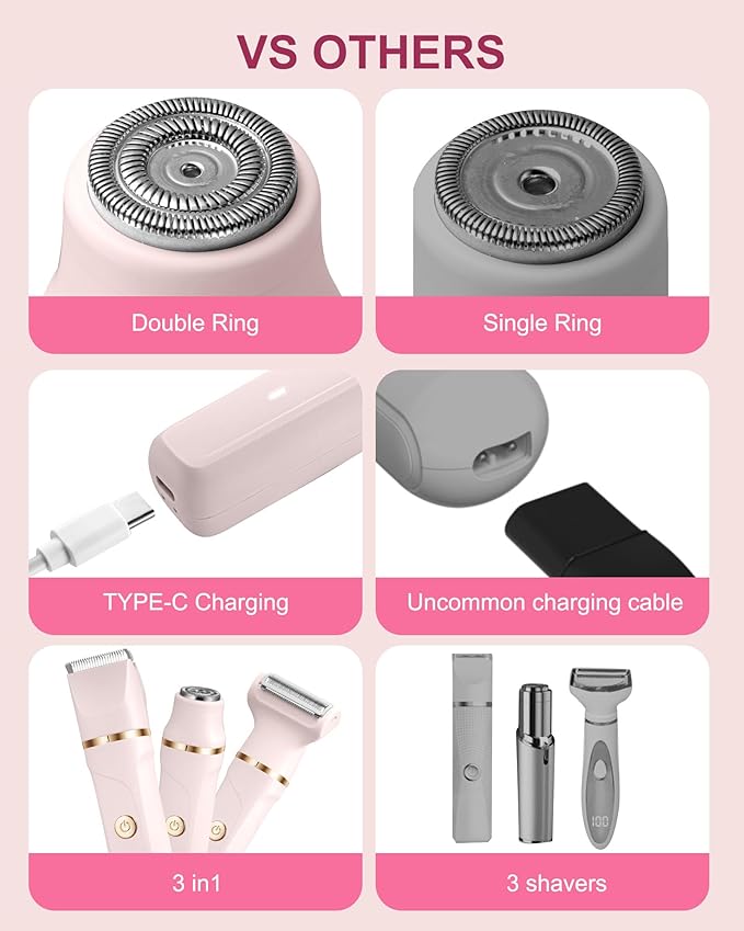 Bikini Trimmer for Women,3-in-1 Bikini Shaver Electric Razors for Womens Face, Legs,Bikini Line Armpit, IPX7 Waterproof, USB-C Rechargeable,Travel Trimmer, Pink