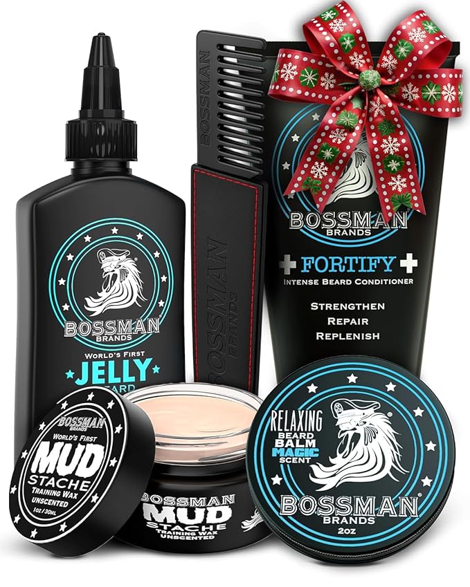 Bossman Complete Beard Kit – Men's Beard Oil Jelly, Fortifying Shower Conditioner, Balm, Mustache Wax & Comb – Beard Softener & Grooming Care – Men Gift Set (Magic Scent)