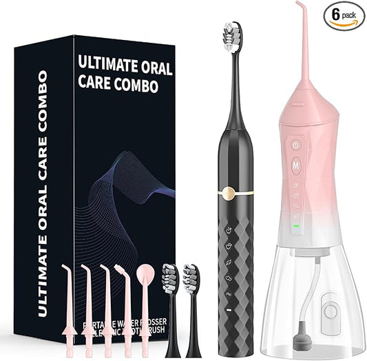 Water flosser+Electric Toothbrush Combination Set -5-Speed Sonic Electric Toothbrush, 4-Speed Portable Water flosser, Super Waterproof, a Great Gift for Friends (Pink)