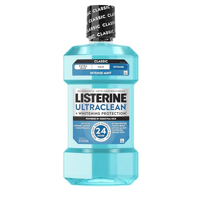 Listerine Ultraclean Intense Antiseptic Mouthwash + Whitening Protection*, Everfresh Technology to Help Fight Bad Breath, Gingivitis, & Plaque, Tartar Control Oral Rinse, Intense Mint, 1L