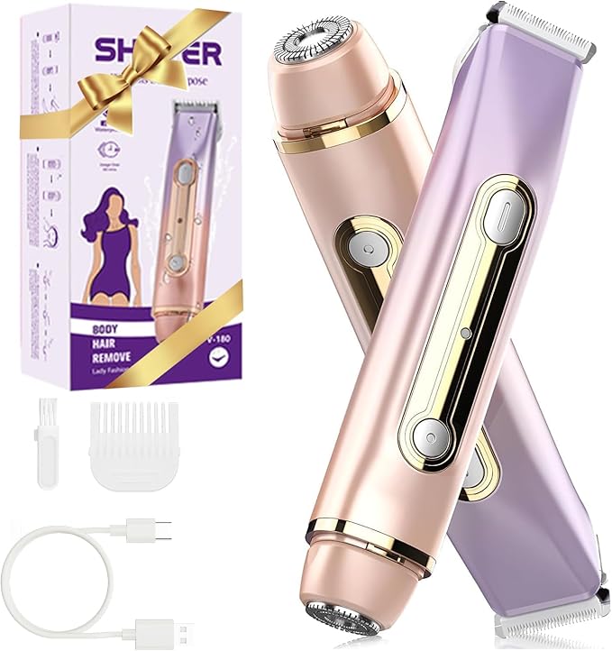 Bikini Trimmer for Women - 2 in 1 Dual Head Electric Razor, Painless Pubic & Body Hair Remover for Face, Legs, Underarms, IPX6 Waterproof, Cordless Rechargeable for Travel, Gift for Her (Purple)