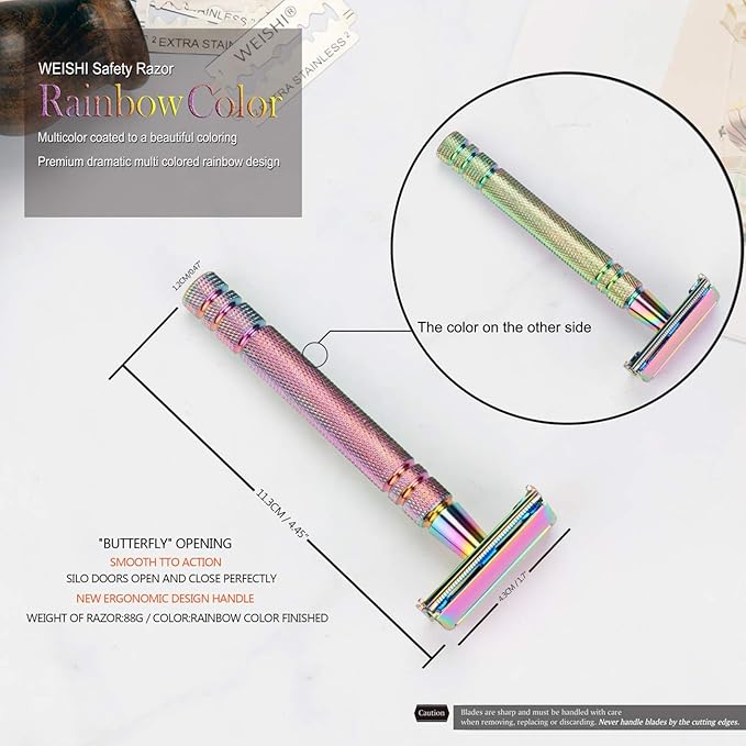 WEISHI Butterfly Open Double Edge Safety Razor for Men and Women, Elegant Rainbow Color Handle with 5 Stainless Razor Blades Included, Reusable Wet Shave Tool for Smooth, Close Shave
