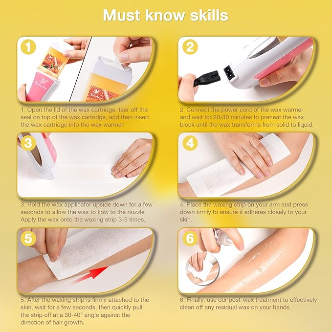 Roll on Wax Kit, Rolling Wax Hair Removal Kit for Women Men, Waxing Kit for Hair Removal, Roller Waxing Kit with 2 Honey Cartridges, 50 Pcs Strips