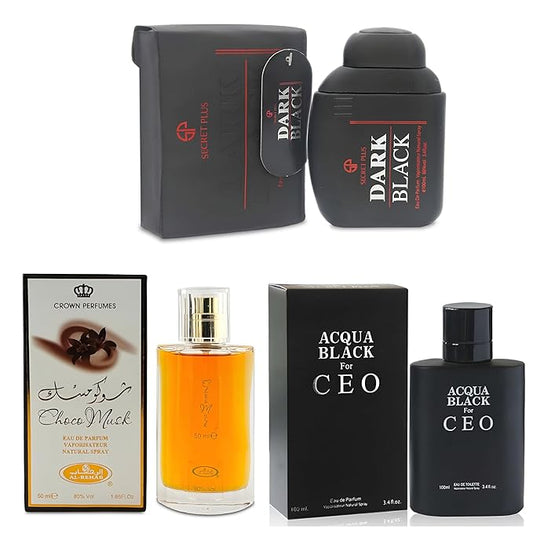 3Pack Men Colognes Choco Musk&Dark Black&Aqua Black Ceo Eau De Parfume Spray with Woody Floral & Fruity Scent Perfume Gift Set Day to Night Luxury Fragrances