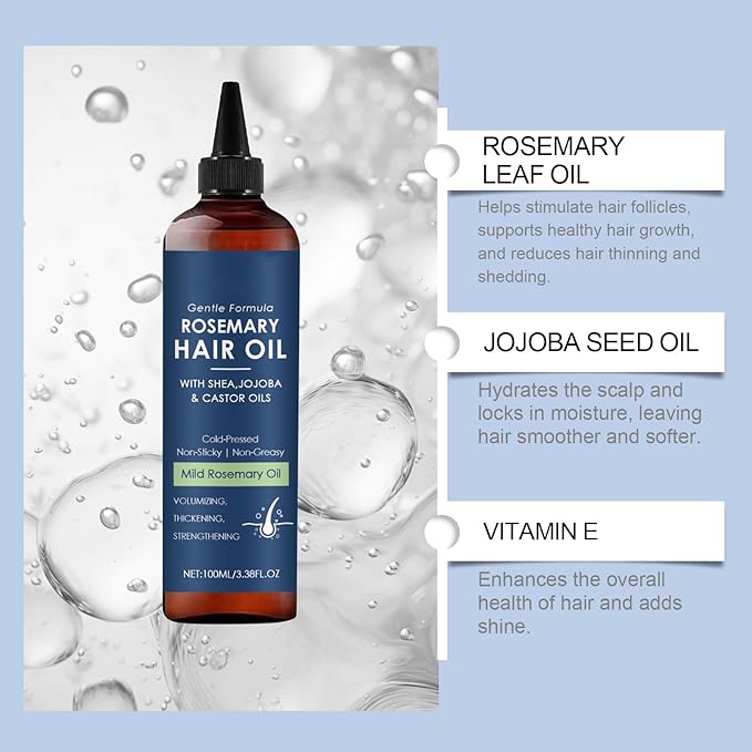 100ml Rosemary Hair Growth Oil - Scalp Care & Hair Repair Treatment with Jojoba & Castor Oils for Dry, Damaged Hair - Reduces Split Ends & Frizz
