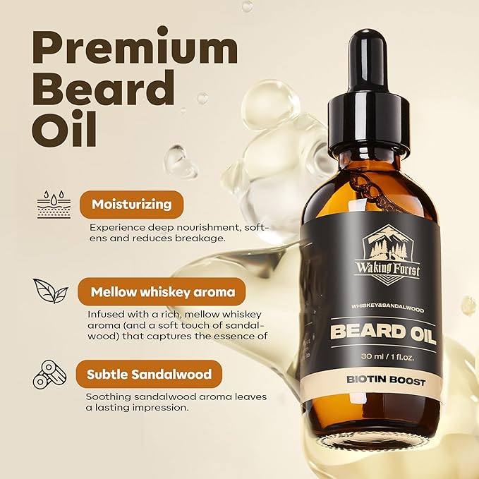 Waking Forest Sandalwood & Whiskey Beard Oil for Men - Biotin Mustache Oil with Vitamin E, Rosemary & Castor - Beard Care Softener, Strengthens, and Moisturizes - Beard Conditioner (1 oz)