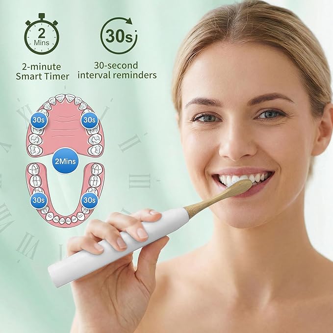 Bamboo Electric Toothbrush丨Rechargeable Electric Toothbrush with 4 Bamboo Heads, Soft Castor Oil Bristles,5 Moedes&3 Intensities, 45 Days Battery Life, IPX7 Waterproof-White
