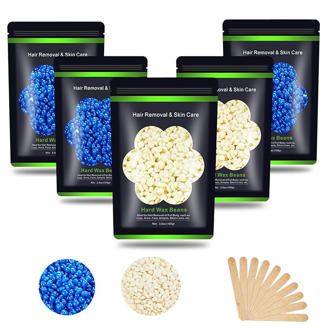 Wax Beads for Hair Removal 1.1 lb (17.6 oz), Hard Wax Beads for Sensitive Skin - Brazilian, Face, Bikini, Legs, Eyebrow, Painless Waxing Beads Kit for Women Men, 5 Packs with 10 Wax Sticks