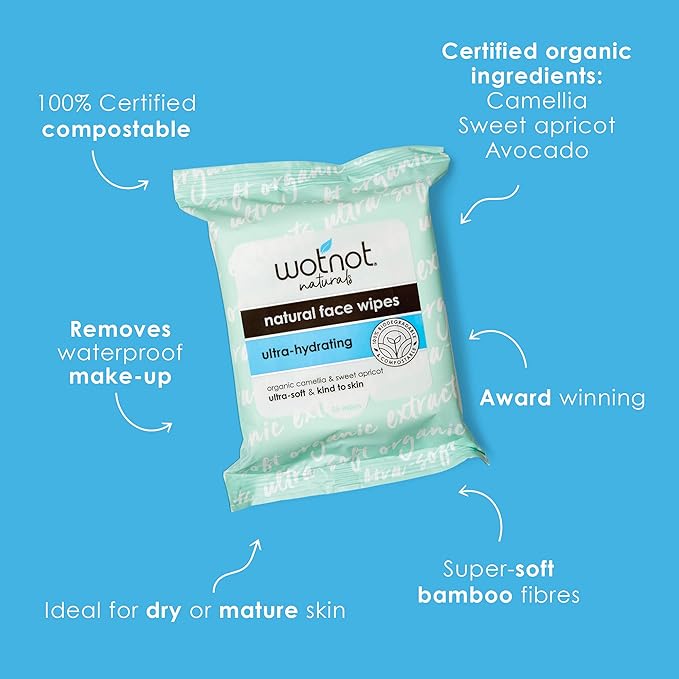 Wotnot - Natural Face Wipes, Ultra Hydrating, 25 count (Pack of 3)