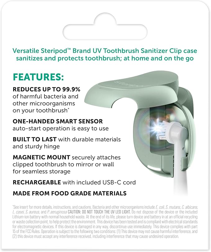 Steripod Brand Portable UV Toothbrush Sanitizer Clip, Reduces Harmful Microorganisms, Rechargeable, Sage, 1 Count