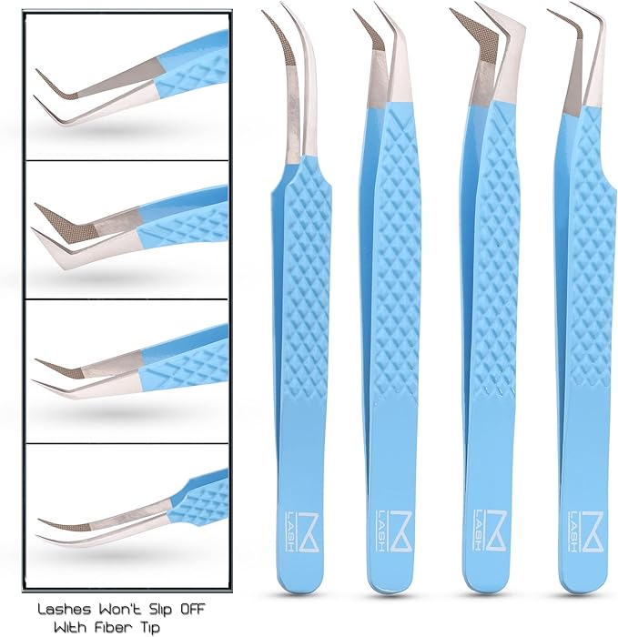 M LASH Tweezers for Eyelash Extensions (Set of 4) - Professional Lash Extension Tweezers - Fiber Tip, Japanese Steel, Diamond Grip Eyelash Extension Tweezer set (Teal)
