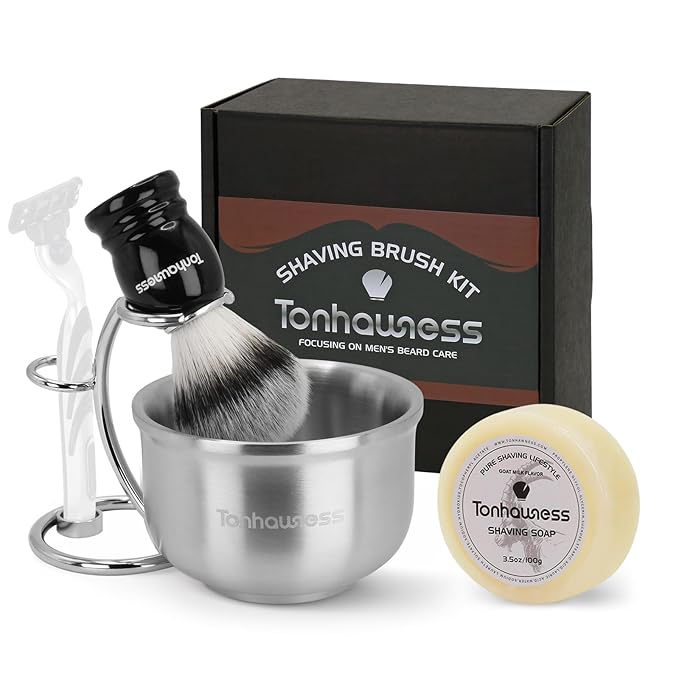 Shaving Brushes Kit For Men, 4 In 1 Shaving Brush Set Includes Nylon Bristle Shave Brush,Stainless Steel Shaving Bowl, Shaving Stand and Soap