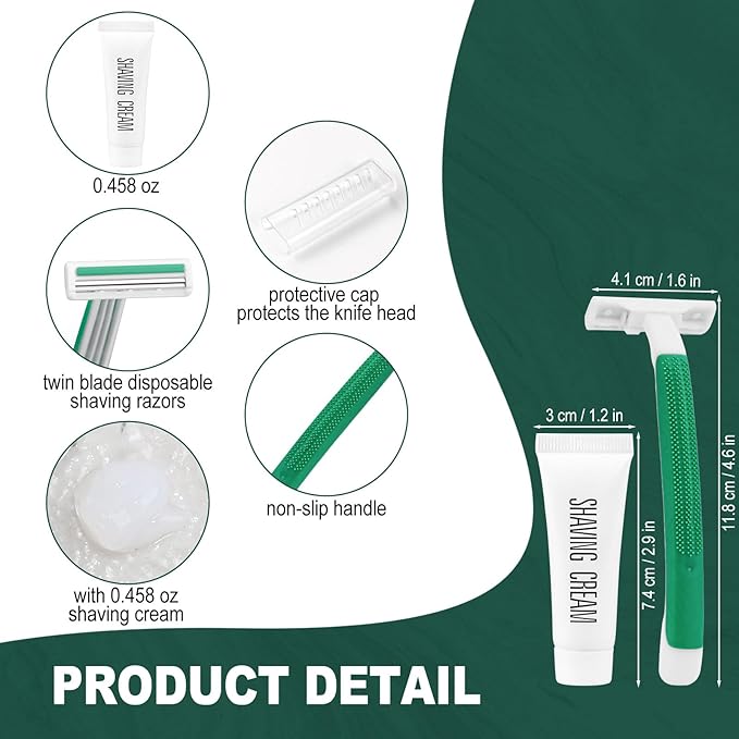Disposable Razors in Bulk ,Green Razors Individually Wrapped Bulk,Twin Blade Razors with Clear Safety Cap and Shaving Cream, Razors For Homeless, Hotel,Air Bnb,Shelter/Homeless/Travel (30)
