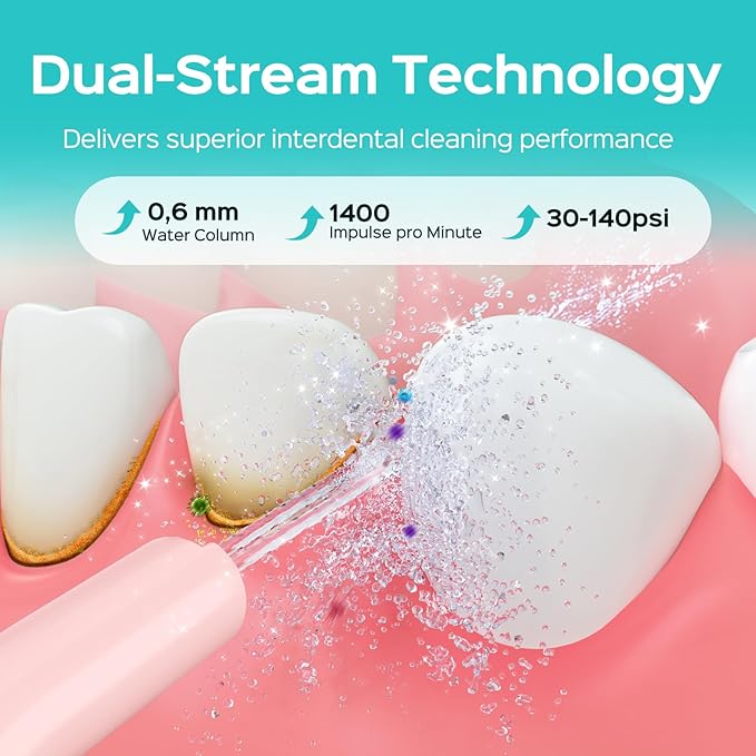 COSLUS Portable Water Flosser for Teeth: 4 Modes & 5 Intensity Levels Professional Electric Dental Pick for Sensitive Gums, Braces & Orthodontic - Cordless for Travel Use, for Adults, BPA-Free, Pink